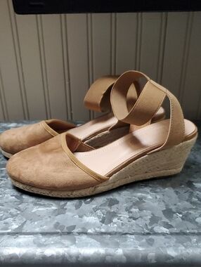 Women's Tan Espadrille Wedge Sandals with Elastic Ankle Strap